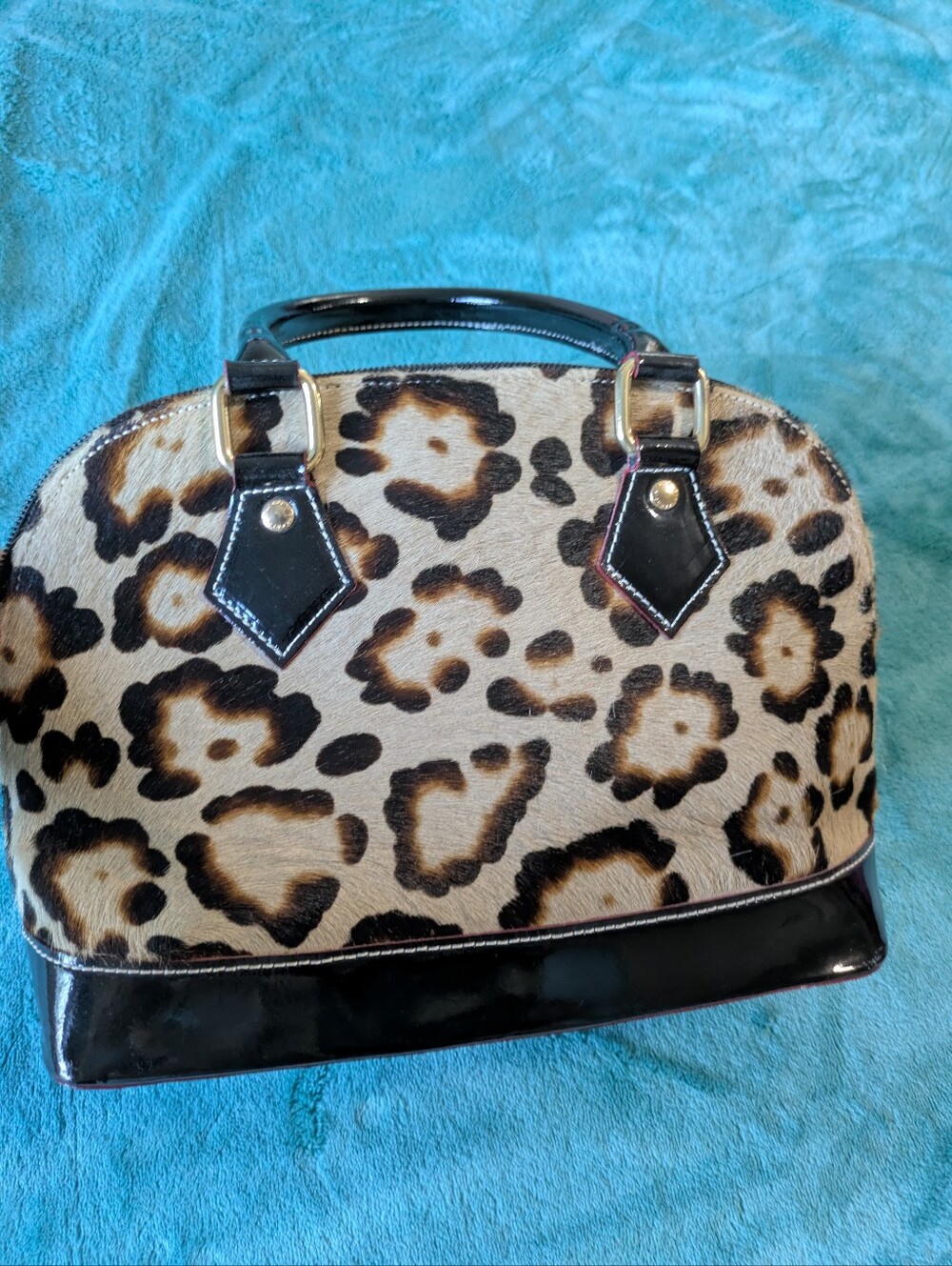 Leopard Print Satchel with Black Patent Trim - Elegant Animal Pattern